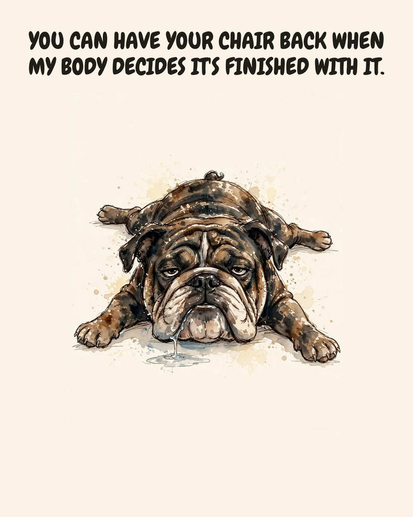 Unbothered English Bulldog watercolor art print — "YOU CAN HAVE YOUR CHAIR BACK WHEN MY BODY DECIDES IT'S FINISHED WITH IT." Unframed print artwork.