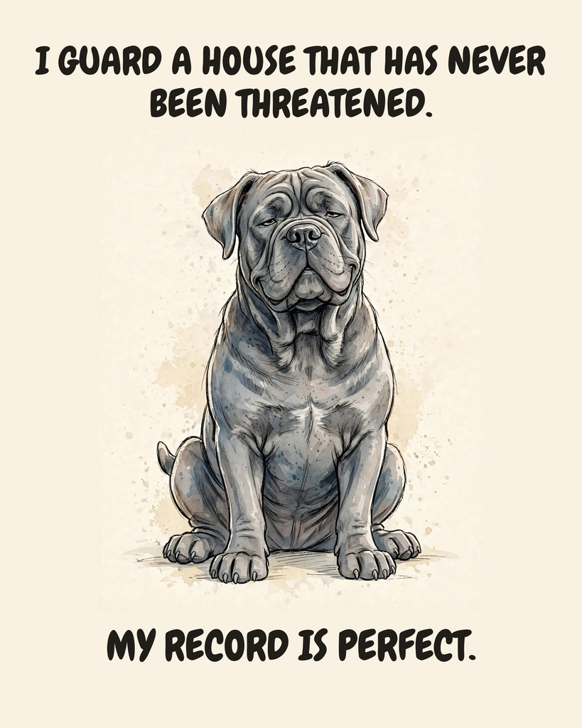 Smug Cane Corso watercolor art print — "I GUARD A HOUSE THAT HAS NEVER BEEN THREATENED. MY RECORD IS PERFECT." Unframed print artwork.