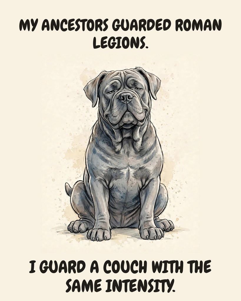 Smug Cane Corso watercolor art print — "MY ANCESTORS GUARDED ROMAN LEGIONS. I GUARD A COUCH WITH THE SAME INTENSITY." Unframed print artwork.