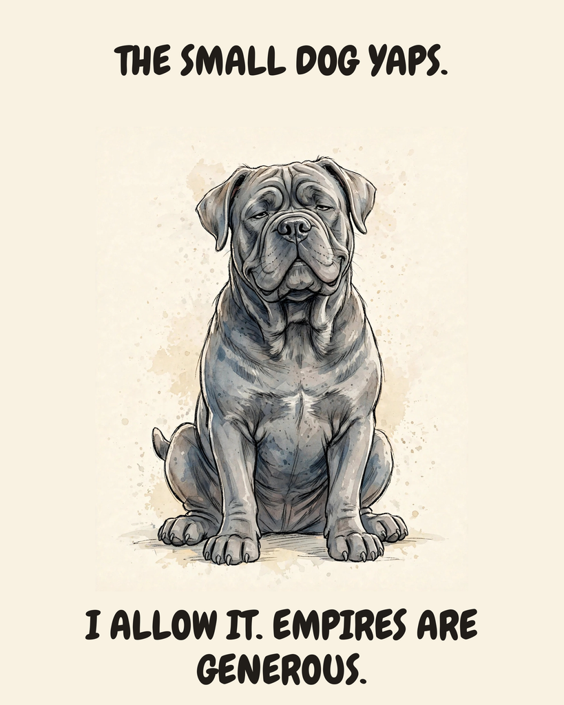 Smug Cane Corso watercolor art print — "THE SMALL DOG YAPS. I ALLOW IT. EMPIRES ARE GENEROUS." Unframed print artwork.