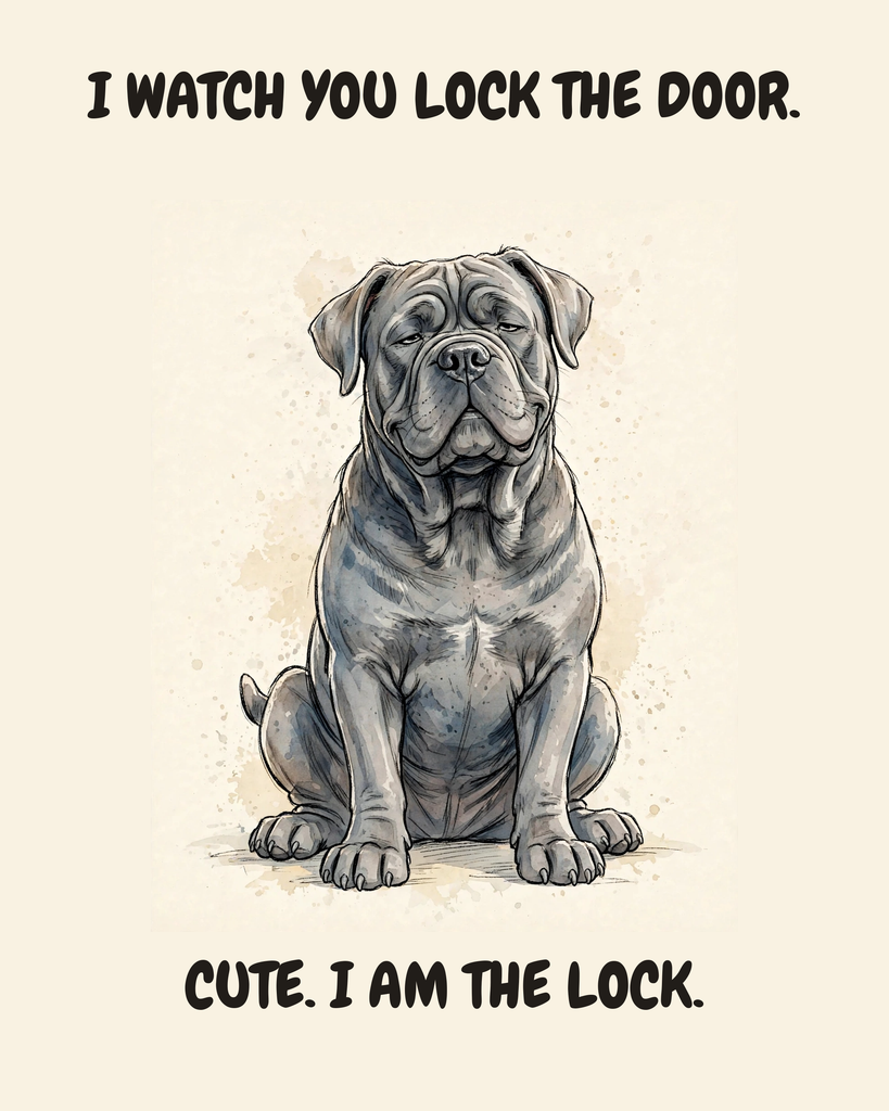 Smug Cane Corso watercolor art print — "I WATCH YOU LOCK THE DOOR. CUTE. I AM THE LOCK." Unframed print artwork.