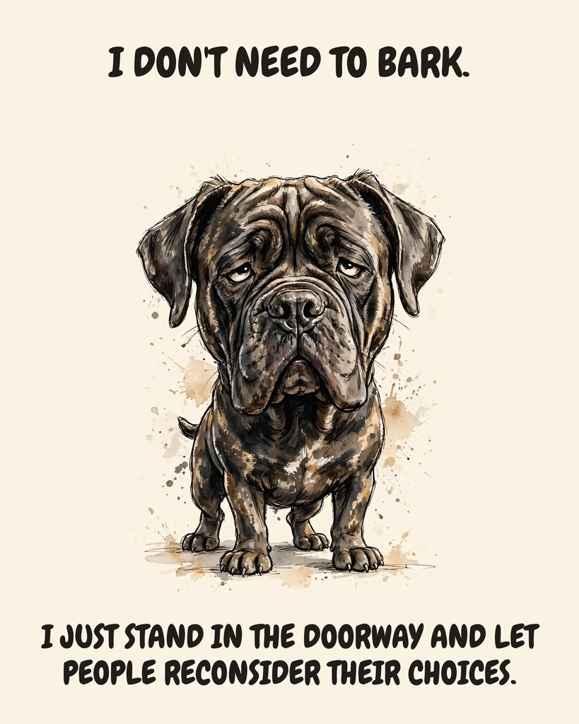 Judgmental Cane Corso watercolor art print — "I DON'T NEED TO BARK. I JUST STAND IN THE DOORWAY AND LET PEOPLE RECONSIDER THEIR CHOICES." Unframed print artwork.