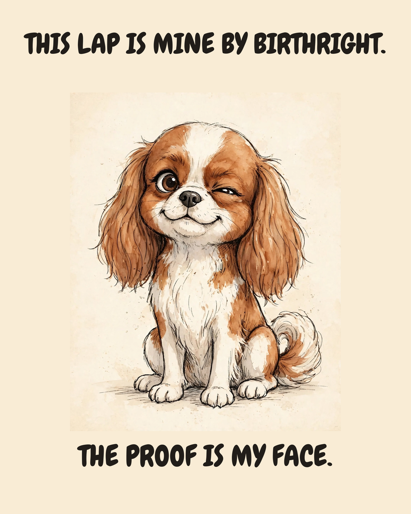 Smug Cavalier King Charles Spaniel watercolor art print — "THIS LAP IS MINE BY BIRTHRIGHT. THE PROOF IS MY FACE." Unframed print artwork.