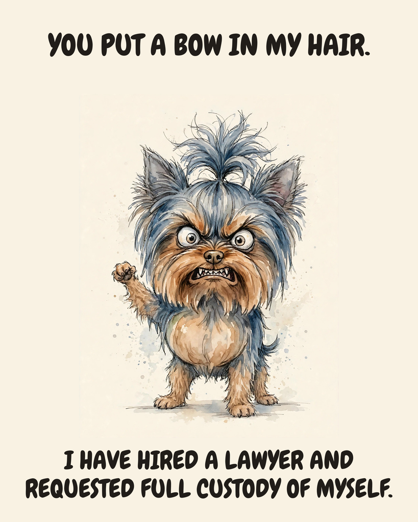Furious Yorkshire Terrier watercolor art print — "YOU PUT A BOW IN MY HAIR. I HAVE HIRED A LAWYER AND REQUESTED FULL CUSTODY OF MYSELF." Unframed print artwork.
