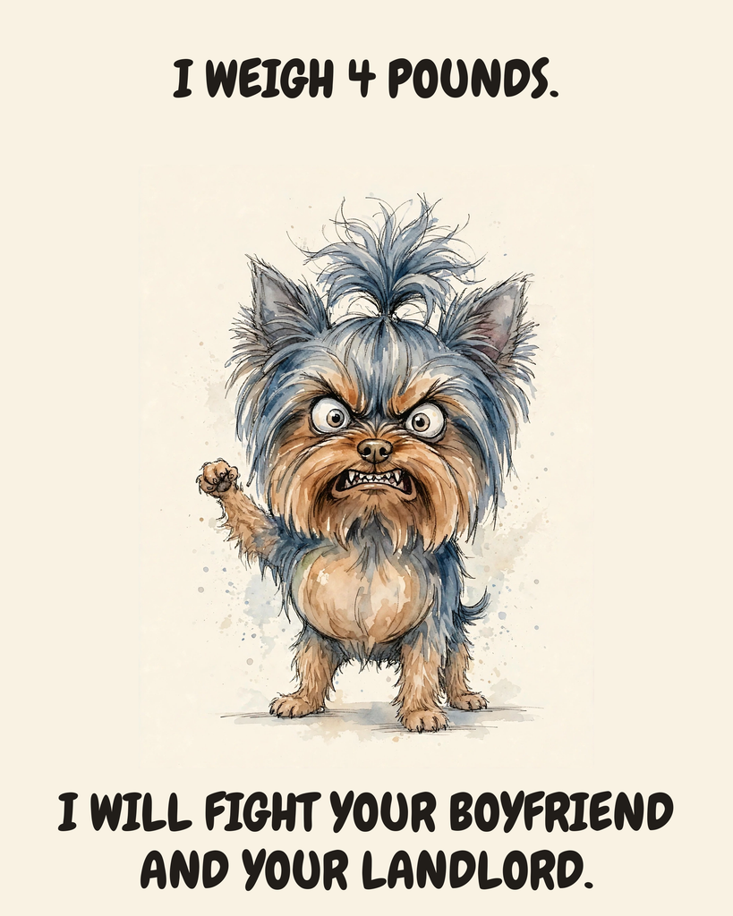 Furious Yorkshire Terrier watercolor art print — "I WEIGH 4 POUNDS. I WILL FIGHT YOUR BOYFRIEND AND YOUR LANDLORD." Unframed print artwork.