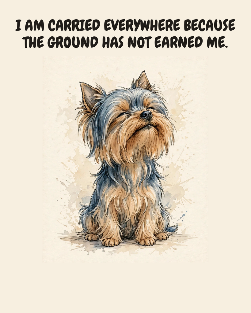 Smug Yorkshire Terrier watercolor art print — "I AM CARRIED EVERYWHERE BECAUSE THE GROUND HAS NOT EARNED ME." Unframed print artwork.