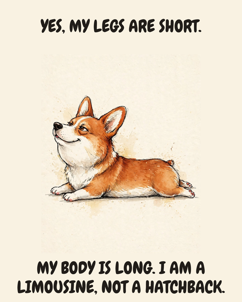 Smug — Regal Front Pembroke Welsh Corgi watercolor art print — "YES, MY LEGS ARE SHORT. MY BODY IS LONG. I AM A LIMOUSINE, NOT A HATCHBACK." Unframed print artwork.