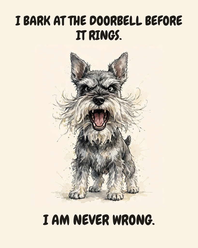 Furious Miniature Schnauzer watercolor art print — "I BARK AT THE DOORBELL BEFORE IT RINGS. I AM NEVER WRONG." Unframed print artwork.