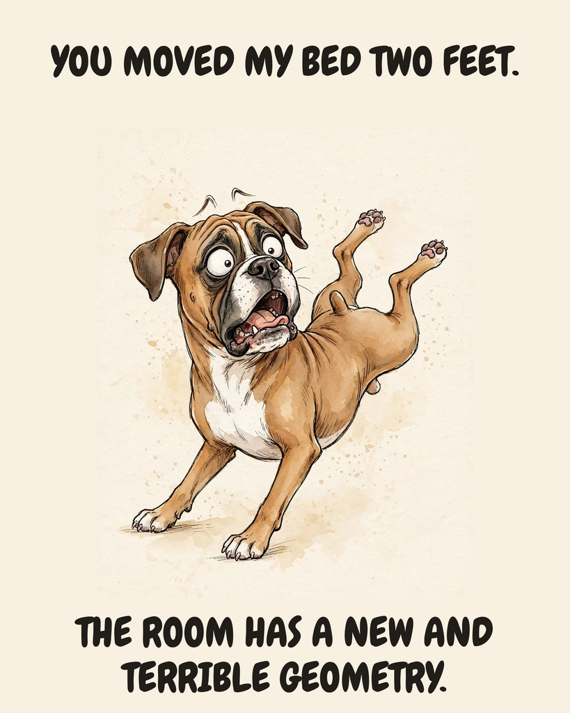 Horrified Boxer watercolor art print — "YOU MOVED MY BED TWO FEET. THE ROOM HAS A NEW AND TERRIBLE GEOMETRY." Unframed print artwork.