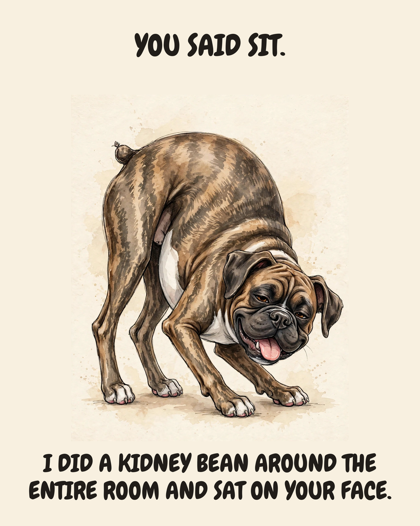 Unbothered — The Kidney Bean Boxer watercolor art print — "YOU SAID SIT. I DID A KIDNEY BEAN AROUND THE ENTIRE ROOM AND SAT ON YOUR FACE." Unframed print artwork.