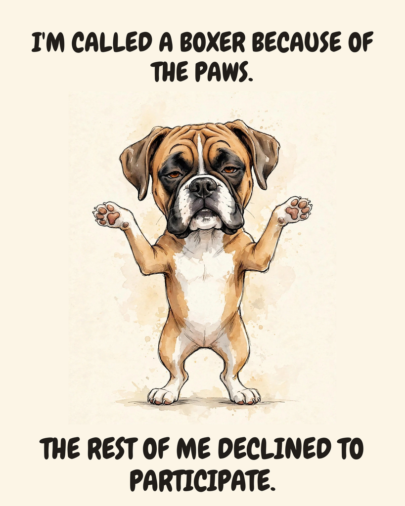Unbothered — Upright Chaos Boxer watercolor art print — "I'M CALLED A BOXER BECAUSE OF THE PAWS. THE REST OF ME DECLINED TO PARTICIPATE." Unframed print artwork.