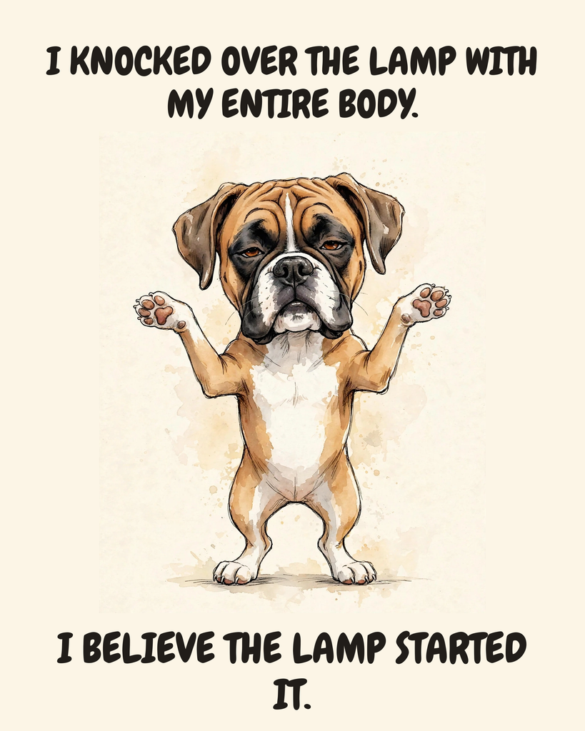Unbothered — Upright Chaos Boxer watercolor art print — "I KNOCKED OVER THE LAMP WITH MY ENTIRE BODY. I BELIEVE THE LAMP STARTED IT." Unframed print artwork.