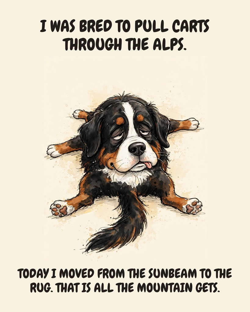 Exhausted Bernese Mountain Dog watercolor art print — "I WAS BRED TO PULL CARTS THROUGH THE ALPS. TODAY I MOVED FROM THE SUNBEAM TO THE RUG. THAT IS ALL THE MOUNTAIN GETS." Unframed print artwork.