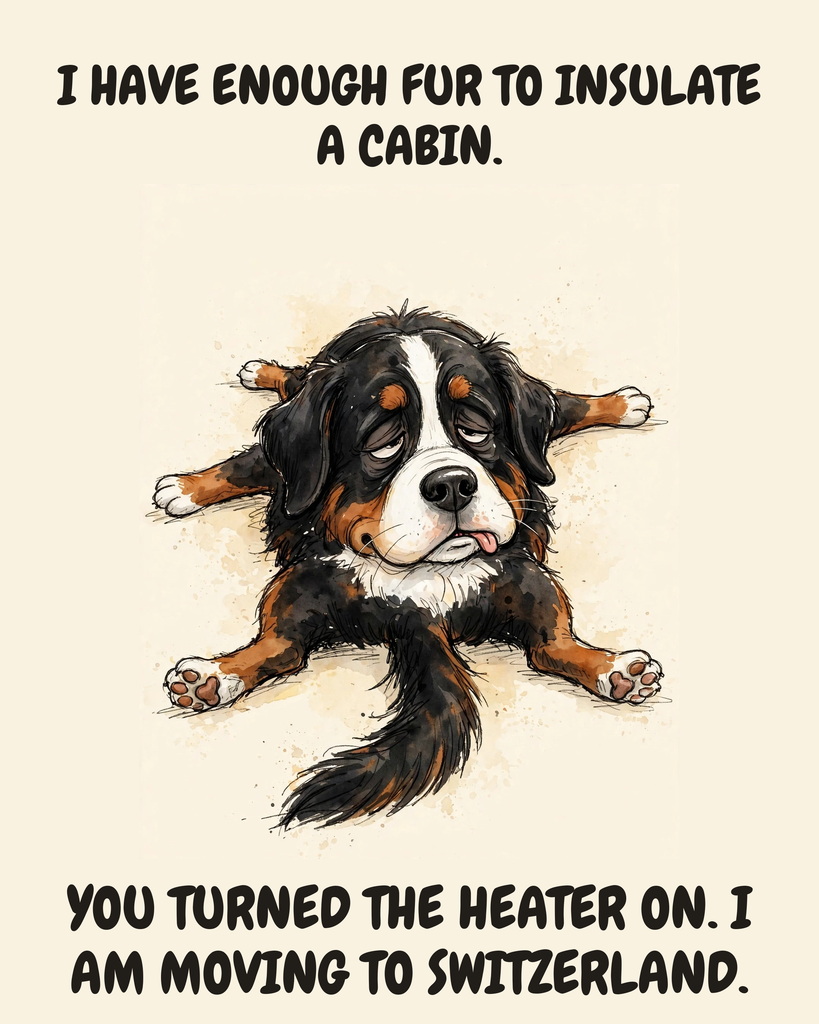 Exhausted Bernese Mountain Dog watercolor art print — "I HAVE ENOUGH FUR TO INSULATE A CABIN. YOU TURNED THE HEATER ON. I AM MOVING TO SWITZERLAND." Unframed print artwork.
