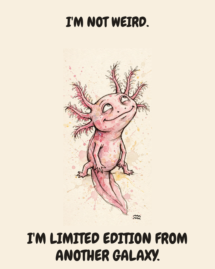 Aquarius Axolotl zodiac watercolor art print — "I'M NOT WEIRD. I'M LIMITED EDITION FROM ANOTHER GALAXY." Unframed print artwork.