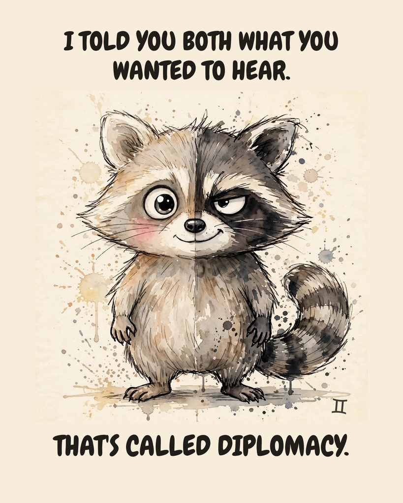 Gemini Raccoon zodiac watercolor art print — "I TOLD YOU BOTH WHAT YOU WANTED TO HEAR. THAT'S CALLED DIPLOMACY." Unframed print artwork.