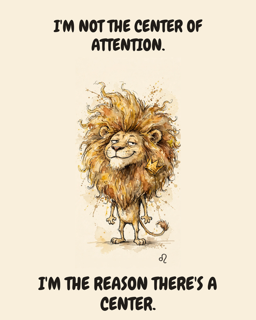 Leo Lion zodiac watercolor art print — "I'M NOT THE CENTER OF ATTENTION. I'M THE REASON THERE'S A CENTER." Unframed print artwork.
