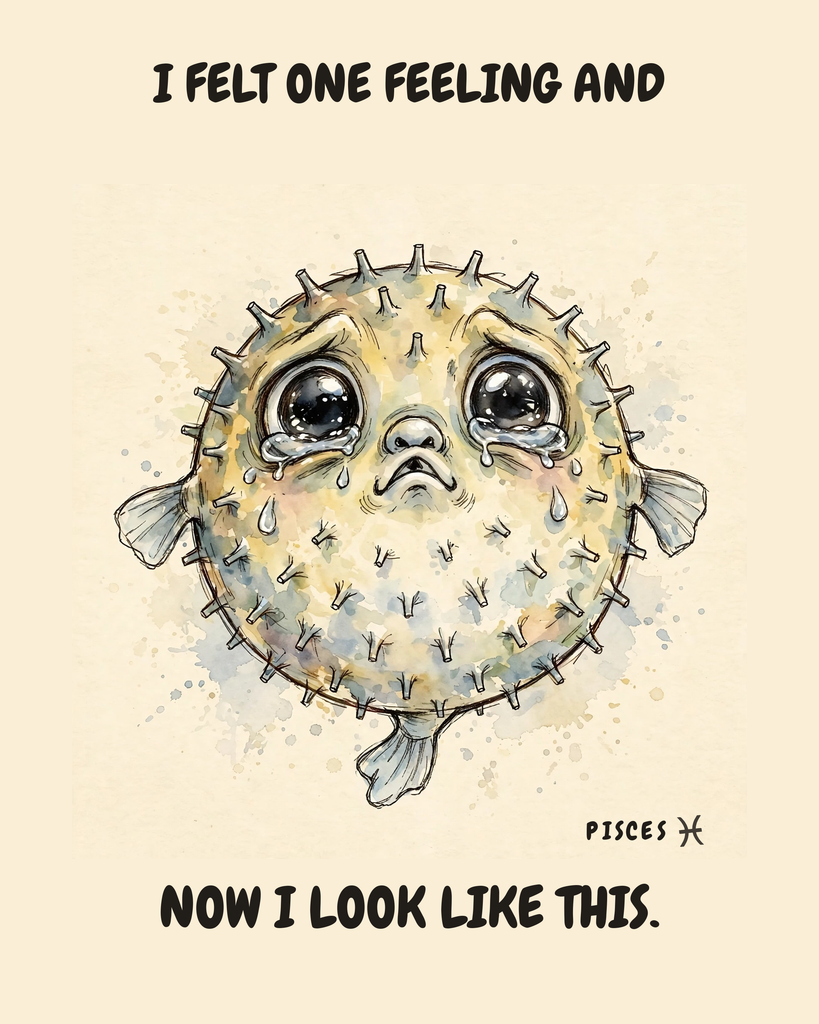 Pisces Pufferfish zodiac watercolor art print — "I FELT ONE FEELING AND NOW I LOOK LIKE THIS." Unframed print artwork.