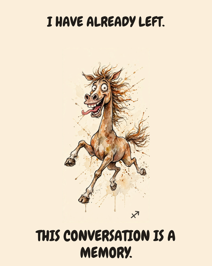 Sagittarius Horse zodiac watercolor art print — "I HAVE ALREADY LEFT. THIS CONVERSATION IS A MEMORY." Unframed print artwork.