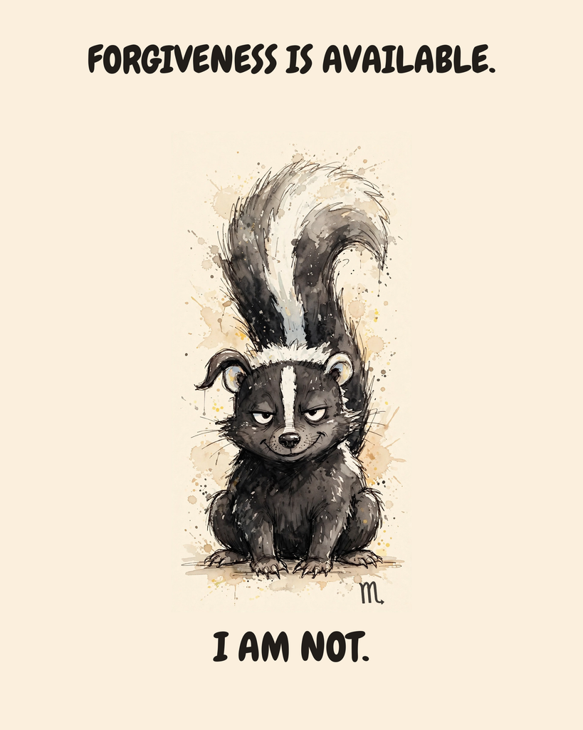 Scorpio Skunk zodiac watercolor art print — "FORGIVENESS IS AVAILABLE. I AM NOT." Unframed print artwork.