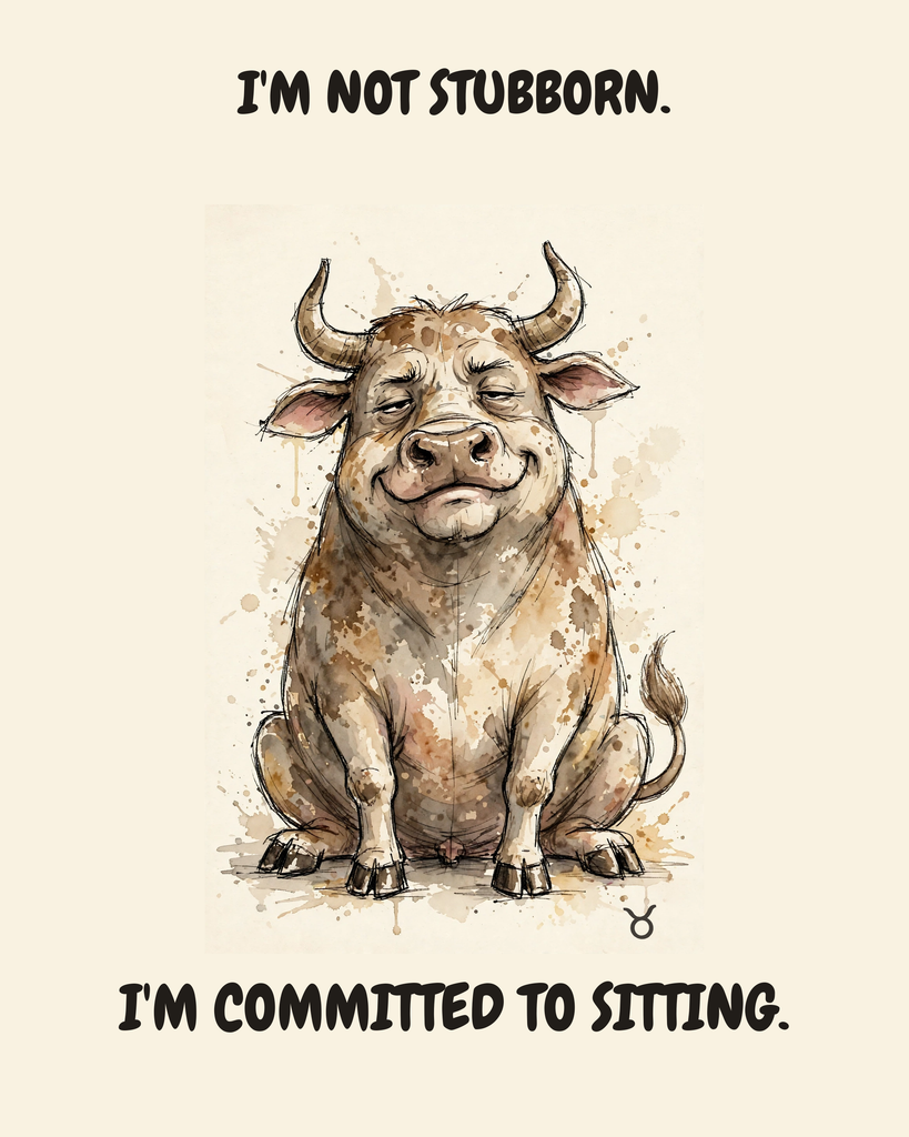 Taurus Bull zodiac watercolor art print — "I'M NOT STUBBORN. I'M COMMITTED TO SITTING." Unframed print artwork.