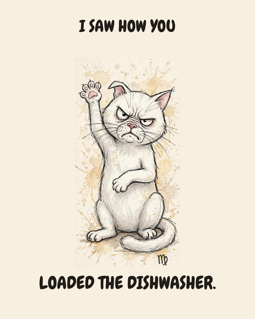 Virgo Cat zodiac watercolor art print — "I SAW HOW YOU LOADED THE DISHWASHER." Unframed print artwork.