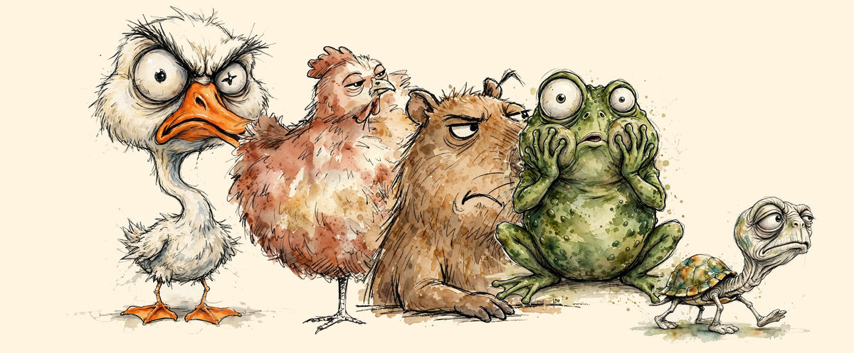 Furious goose, unbothered chicken, judgmental capybara, horrified frog and exhausted turtle — watercolor animal art