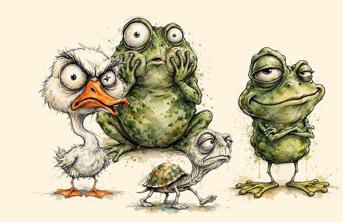 Horrified frog with the furious goose, smug frog and exhausted turtle — watercolor animal art