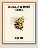 The same smug bee print shown in a natural oak frame with a cream mat — frame for display only, not included