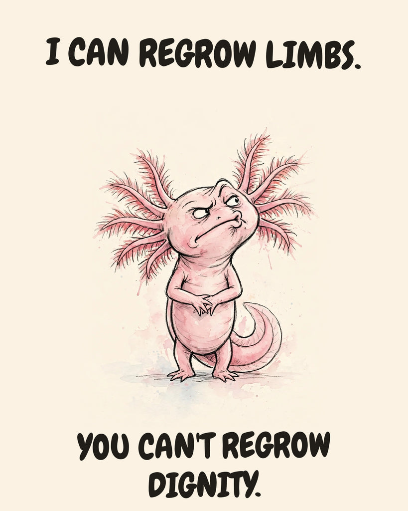 Axolotl watercolor art print with the saying "I CAN REGROW LIMBS. YOU CAN'T REGROW DIGNITY."
