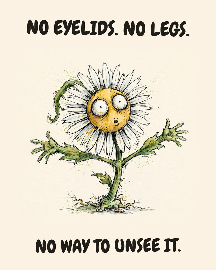 Daisies watercolor art print with the saying "NO EYELIDS. NO LEGS. NO WAY TO UNSEE IT."