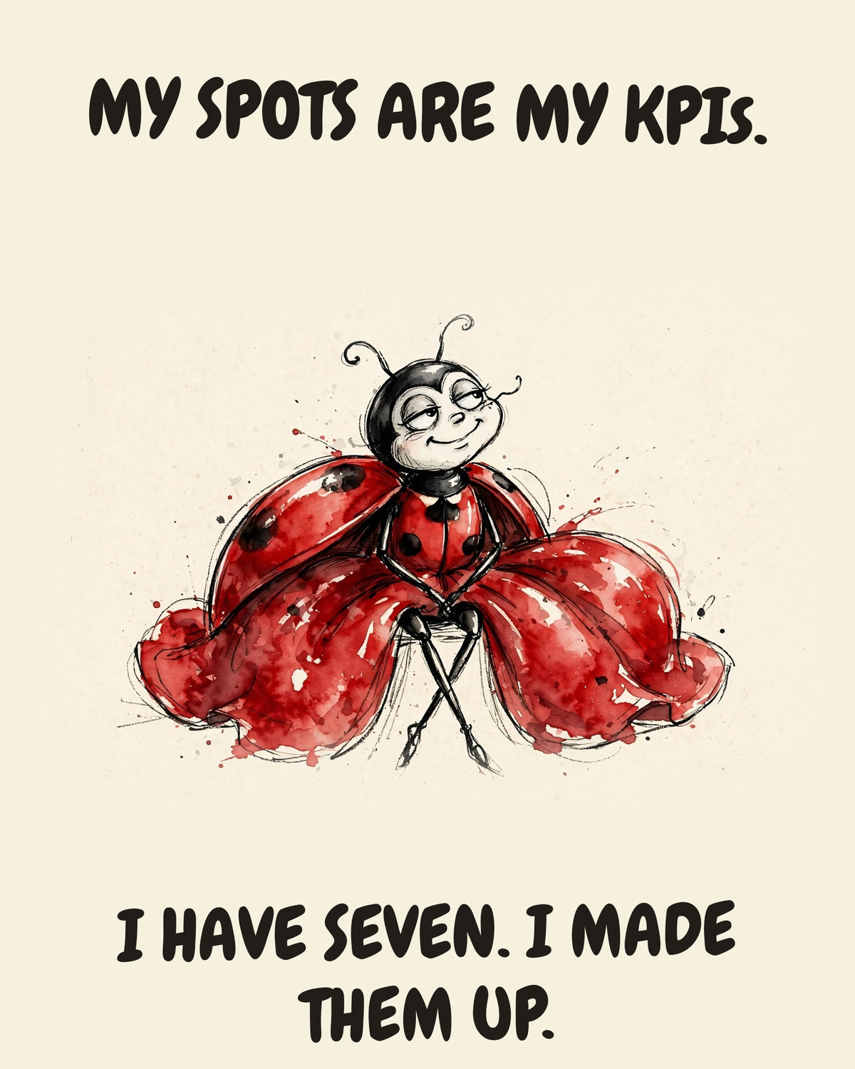 Ladybug watercolor art print with the saying "MY SPOTS ARE MY KPIs. I HAVE SEVEN. I MADE THEM UP."