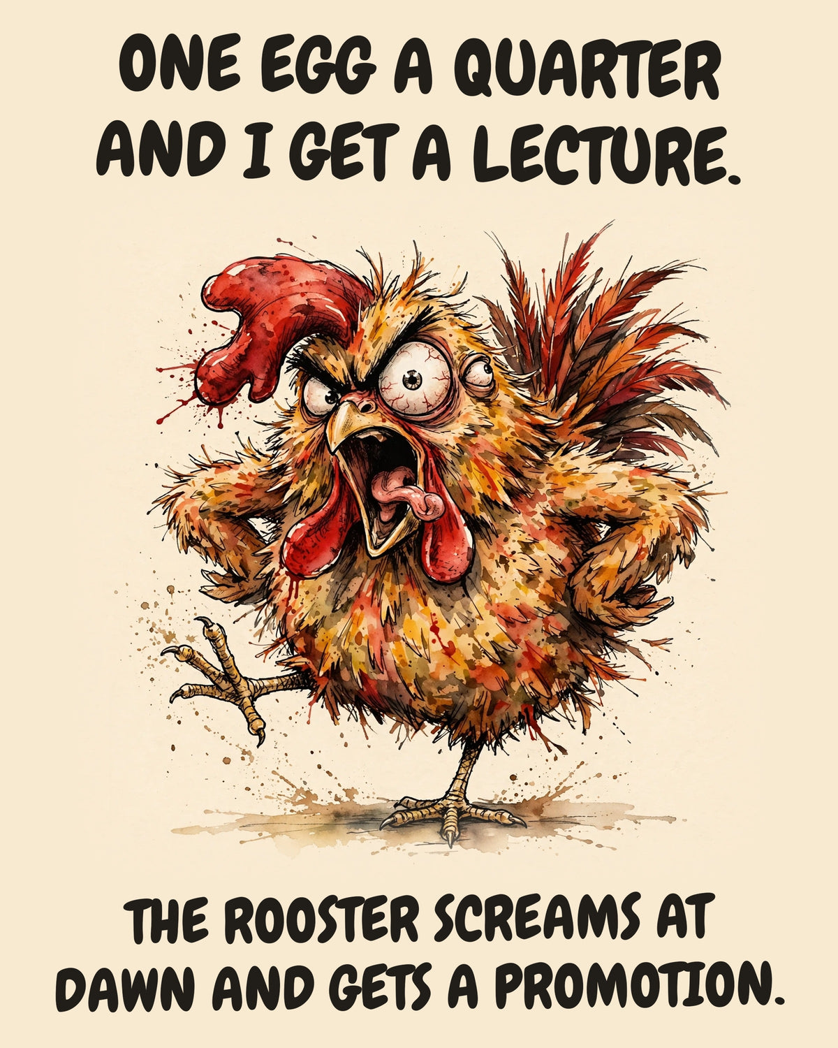 Chicken watercolor art print with the saying "ONE EGG A QUARTER AND I GET A LECTURE. THE ROOSTER SCREAMS AT DAWN AND GETS A PROMOTION."