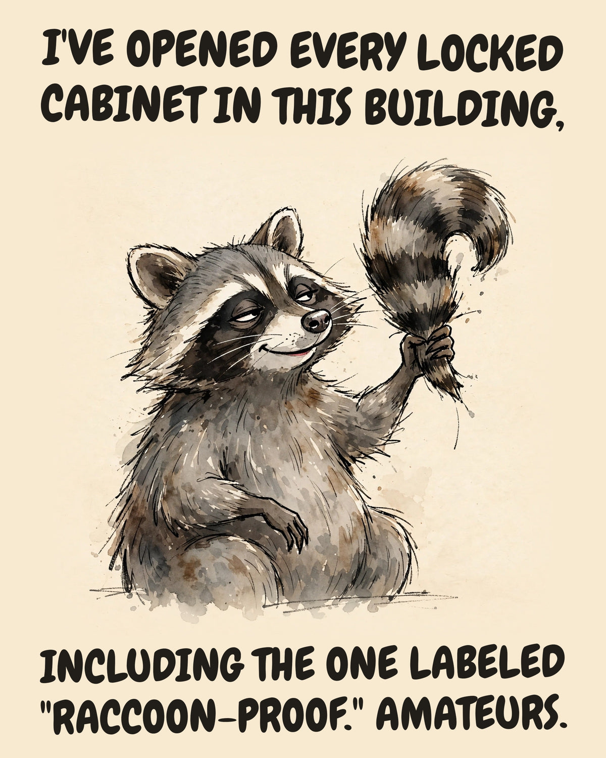 Raccoon watercolor art print with the saying "I'VE OPENED EVERY LOCKED CABINET IN THIS BUILDING, INCLUDING THE ONE LABELED "RACCOON-PROOF." AMATEURS."