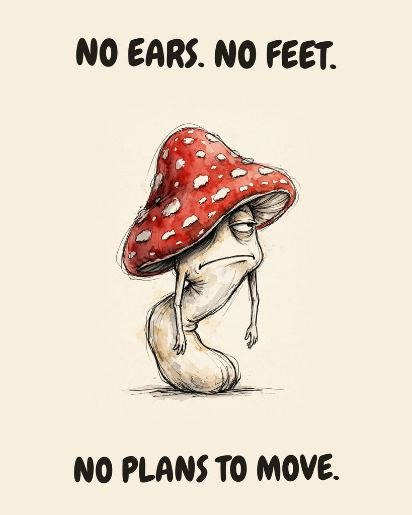 Mushroom watercolor art print with the saying "NO EARS. NO FEET. NO PLANS TO MOVE."
