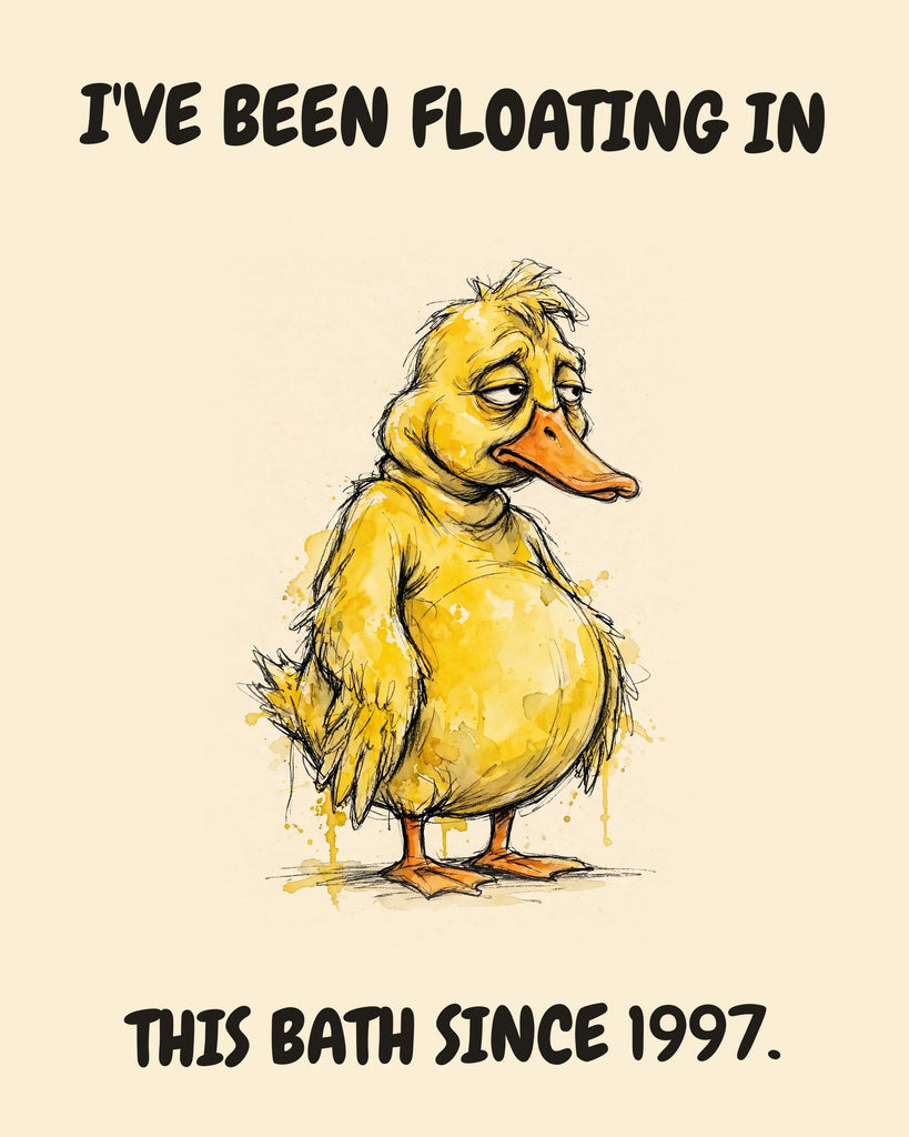 Yellow Duck watercolor art print with the saying "I'VE BEEN FLOATING IN THIS BATH SINCE 1997."