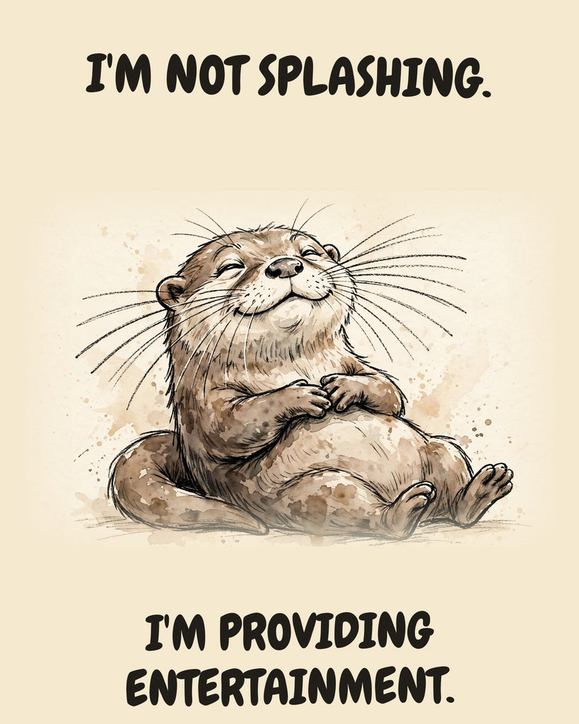 Otter watercolor art print with the saying "I'M NOT SPLASHING. I'M PROVIDING ENTERTAINMENT."