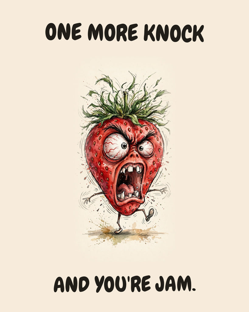 Strawberry watercolor art print with the saying "ONE MORE KNOCK AND YOU'RE JAM."