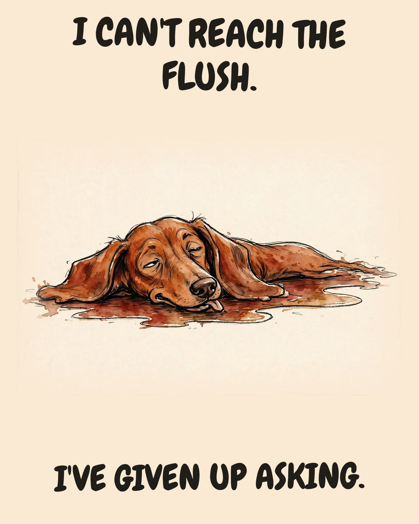 Dachshund watercolor art print with the saying "I CAN'T REACH THE FLUSH. I'VE GIVEN UP ASKING."
