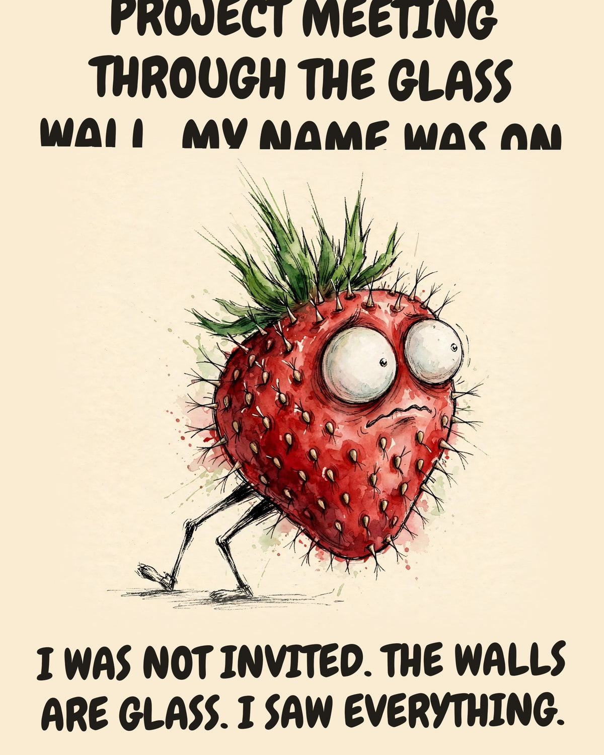 Strawberry watercolor art print with the saying "I WATCHED MY OWN PROJECT MEETING THROUGH THE GLASS WALL. MY NAME WAS ON THE FIRST SLIDE. I WAS NOT INVITED. THE WALLS ARE GLASS. I SAW EVERYTHING."