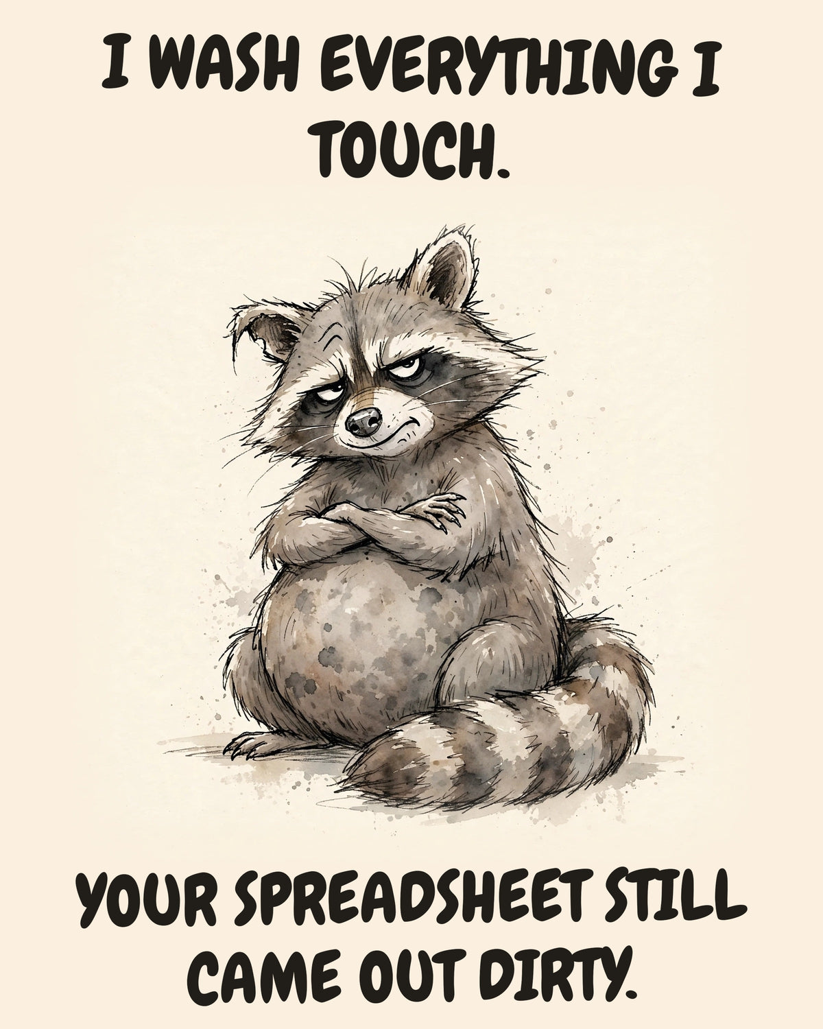 Raccoon watercolor art print with the saying "I WASH EVERYTHING I TOUCH. YOUR SPREADSHEET STILL CAME OUT DIRTY."