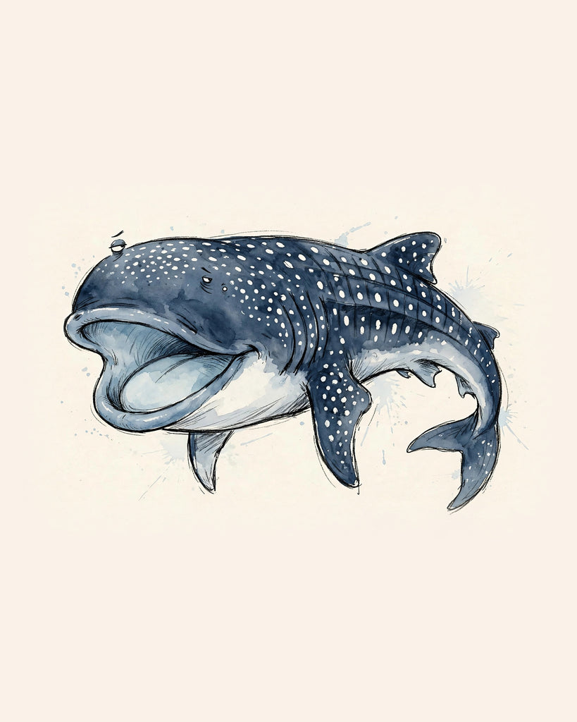 Wordless unbothered Whale Shark watercolor art print — the artwork alone on a warm cream background, no text