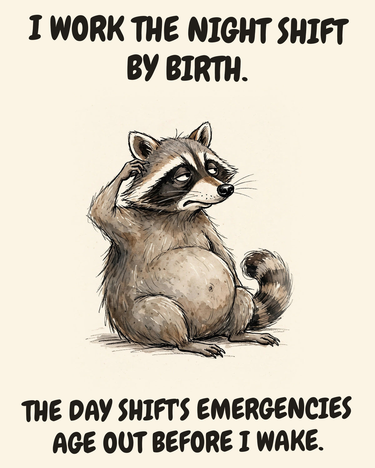 Unbothered Raccoon office art print in watercolor style, an unbothered raccoon in a moment of perfect workplace serenity, captioned “I WORK THE NIGHT SHIFT BY BIRTH. THE DAY SHIFT'S EMERGENCIES AGE OUT BEFORE I WAKE.”