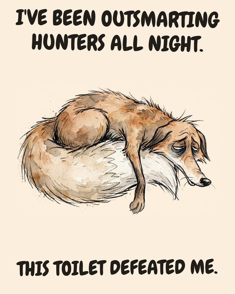 Fox watercolor art print with the saying "I'VE BEEN OUTSMARTING HUNTERS ALL NIGHT. THIS TOILET DEFEATED ME."