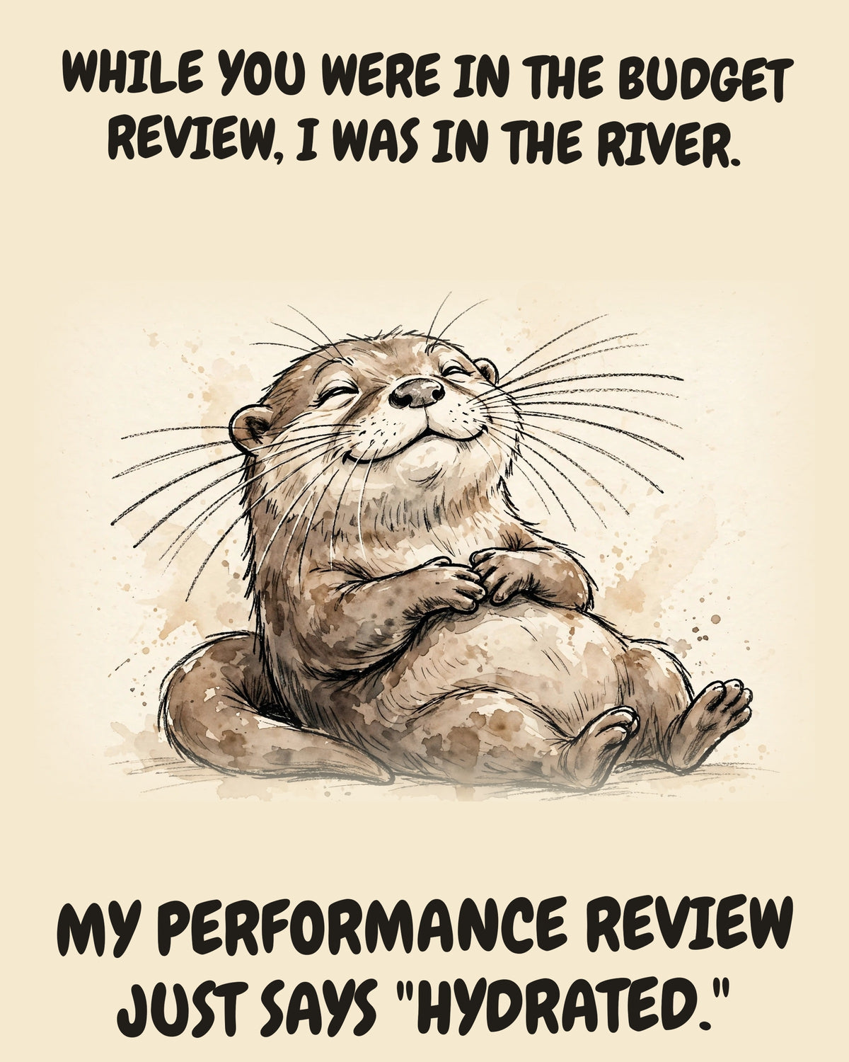Otter watercolor art print with the saying "WHILE YOU WERE IN THE BUDGET REVIEW, I WAS IN THE RIVER. MY PERFORMANCE REVIEW JUST SAYS "HYDRATED.""