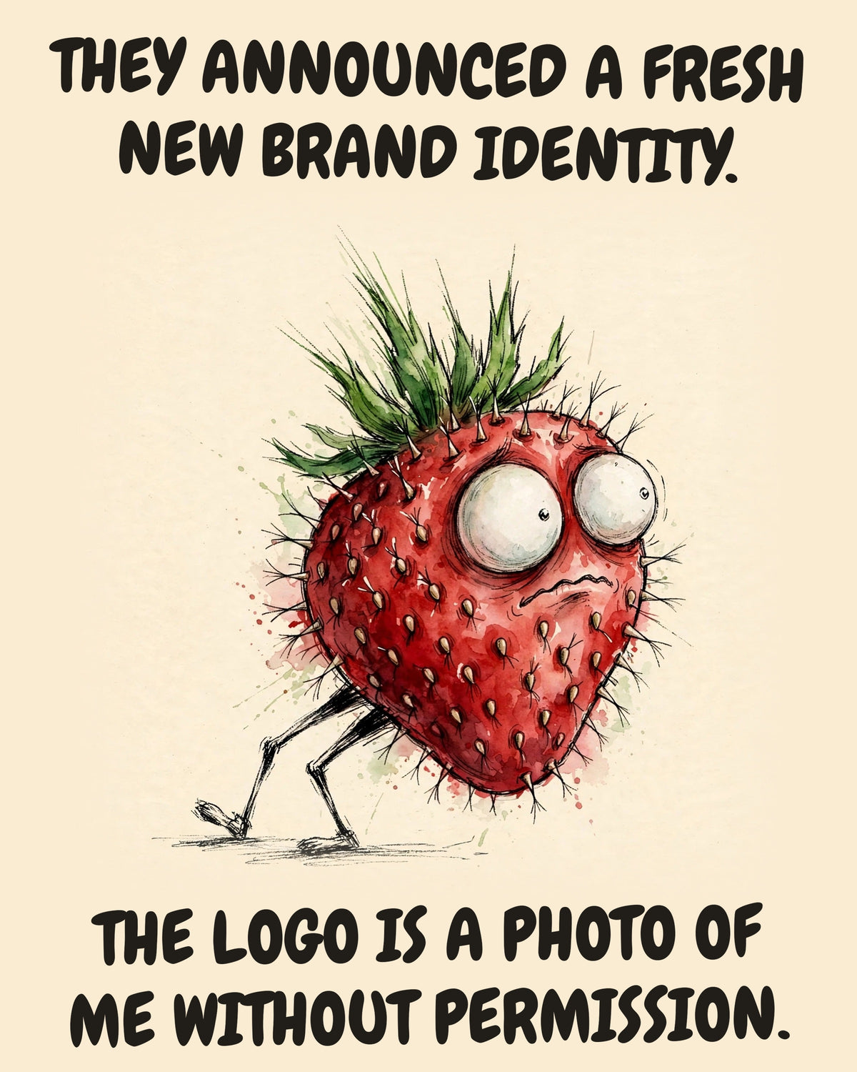 Strawberry watercolor art print with the saying "THEY ANNOUNCED A FRESH NEW BRAND IDENTITY. THE LOGO IS A PHOTO OF ME WITHOUT PERMISSION."