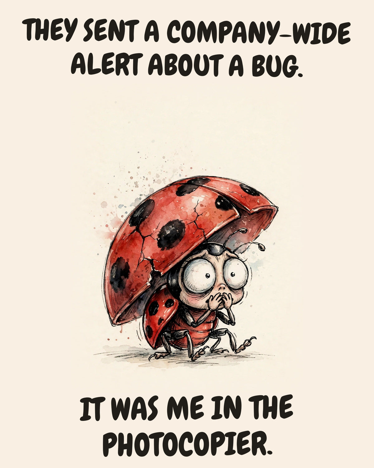Ladybug watercolor art print with the saying "THEY SENT A COMPANY-WIDE ALERT ABOUT A BUG. IT WAS ME IN THE PHOTOCOPIER."