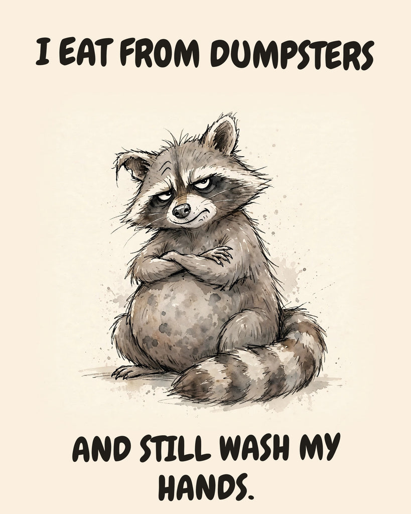 Raccoon watercolor art print with the saying "I EAT FROM DUMPSTERS AND STILL WASH MY HANDS."