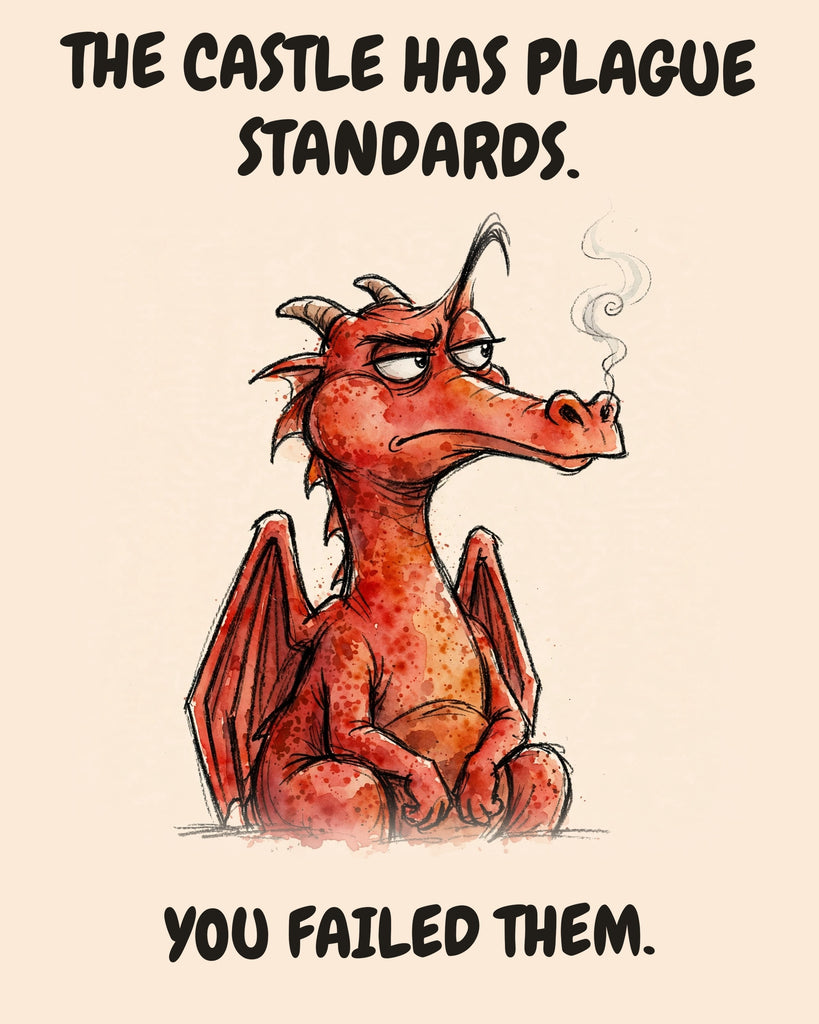 Red Dragon watercolor art print with the saying "THE CASTLE HAS PLAGUE STANDARDS. YOU FAILED THEM."