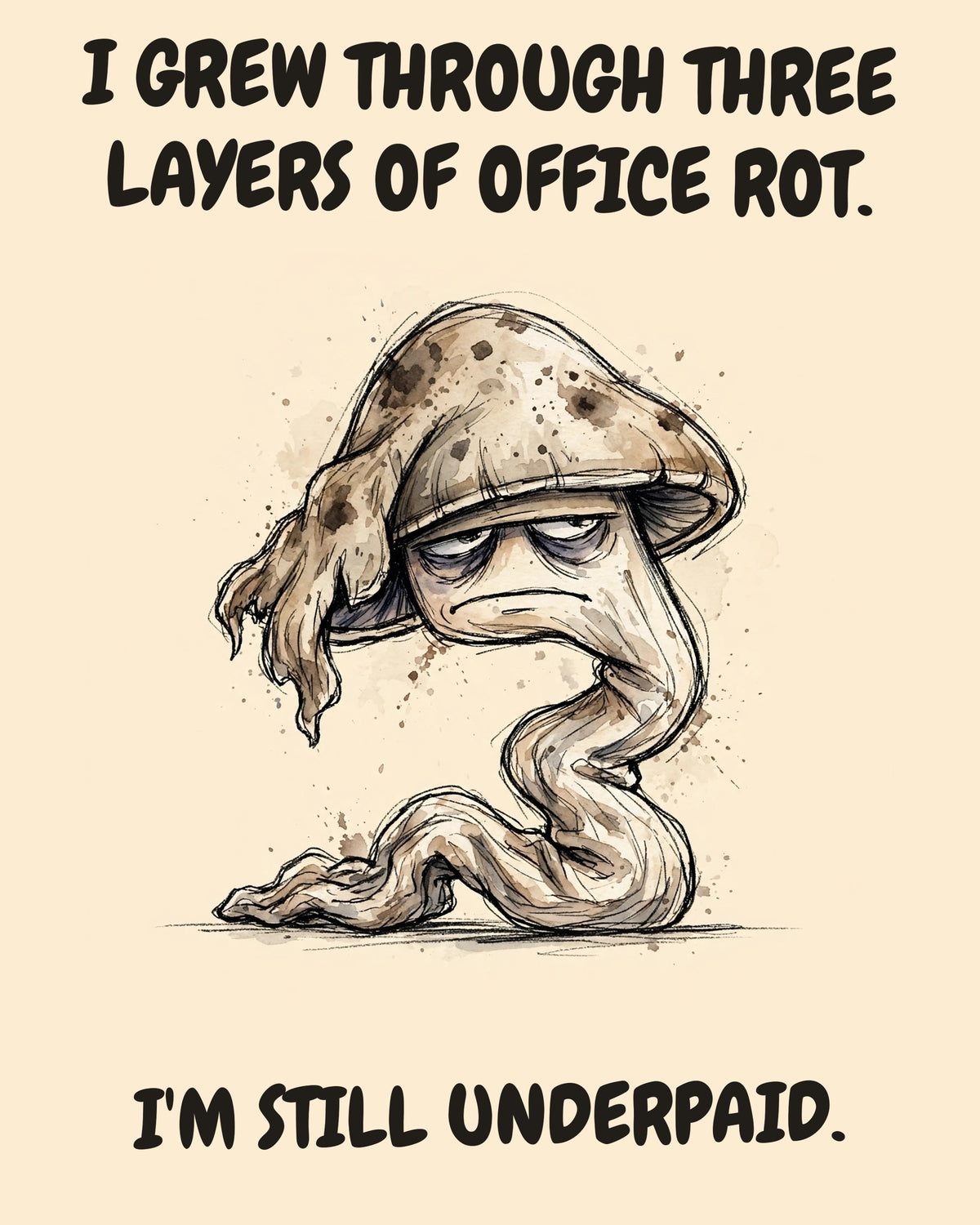 Mushroom watercolor art print with the saying "I GREW THROUGH THREE LAYERS OF OFFICE ROT. I'M STILL UNDERPAID."